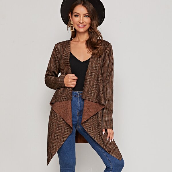 

Open Front Plaid Waterfall Coat, Brown