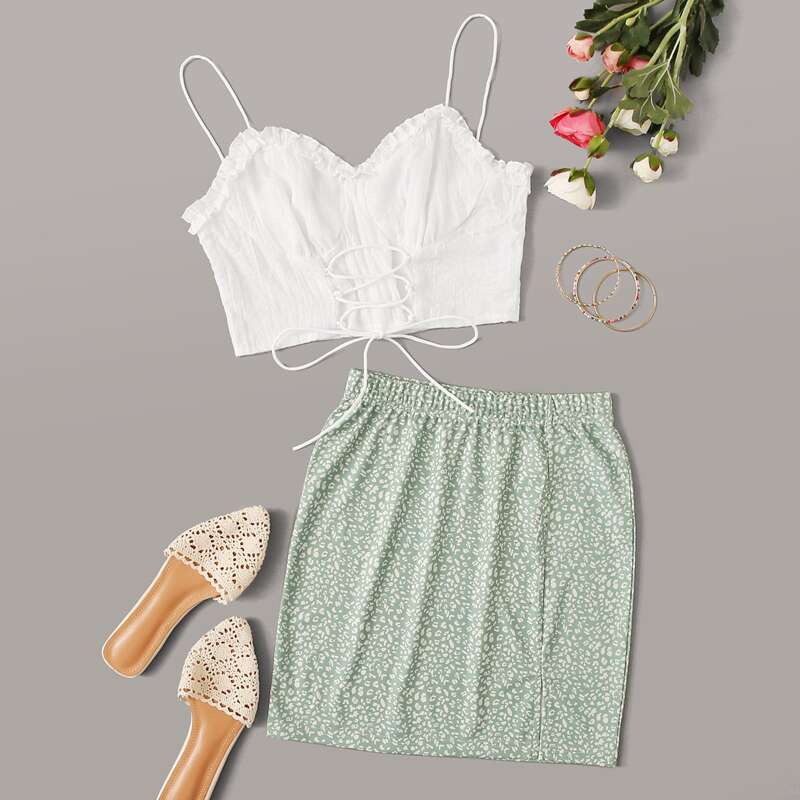 

Lace Up Frill Trim Crop Cami & All Over Print Skirt Set, Multicolor