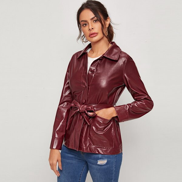 

Button Front Pocket Belted PU Leather Coat, Burgundy
