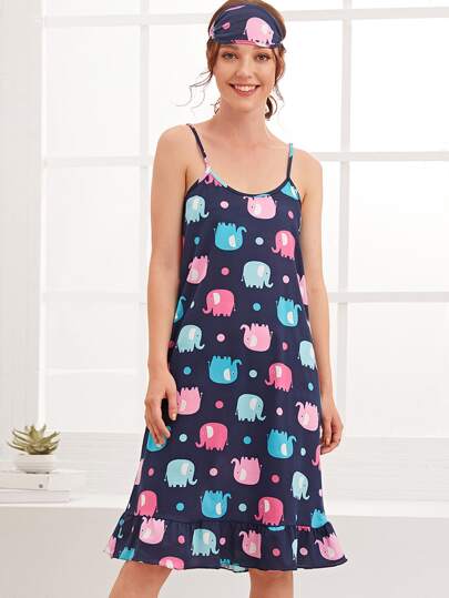 Cartoon Elephant Graphic Cami Night Dress With Eye Mask