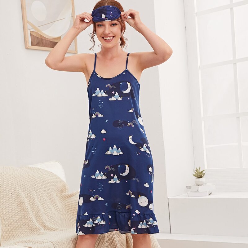 

Cartoon Graphic Cami Night Dress & Eye Mask, Navy