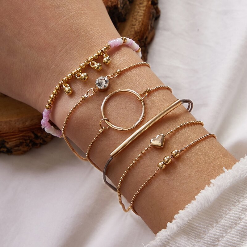 

6pcs Rhinestone & Heart Decor Bracelet, Gold