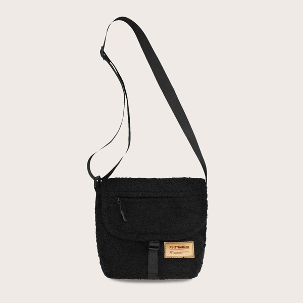 

Мужская искусственная шерстяная сумка через плечо с текстовой заплатой, Чёрный