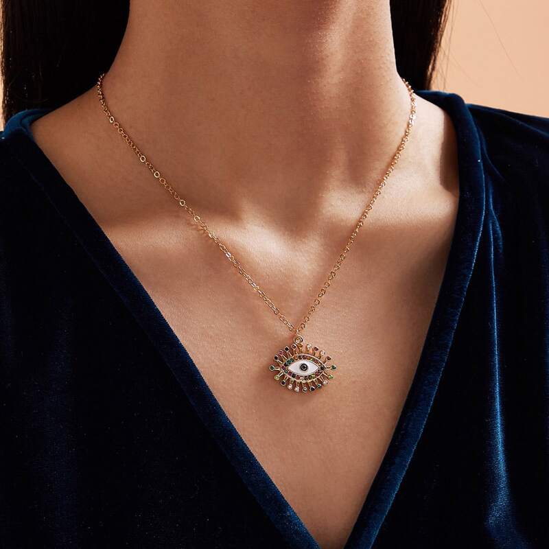

1pc Rhinestone Engraved Eye Charm Necklace, Gold