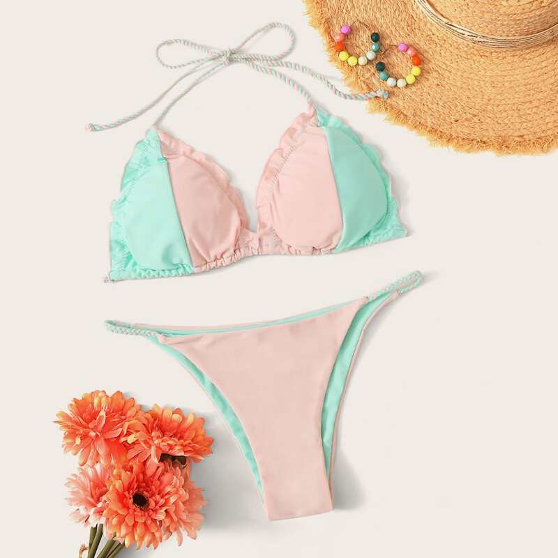 

Two Tone Triangle Thong Bikini Swimsuit, Multicolor