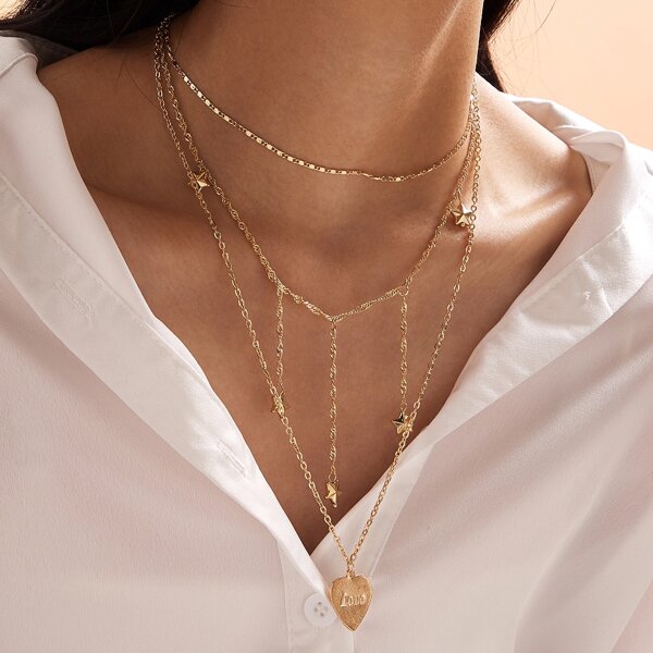 

1pc Heart & Star Charm Layered Necklace, Gold