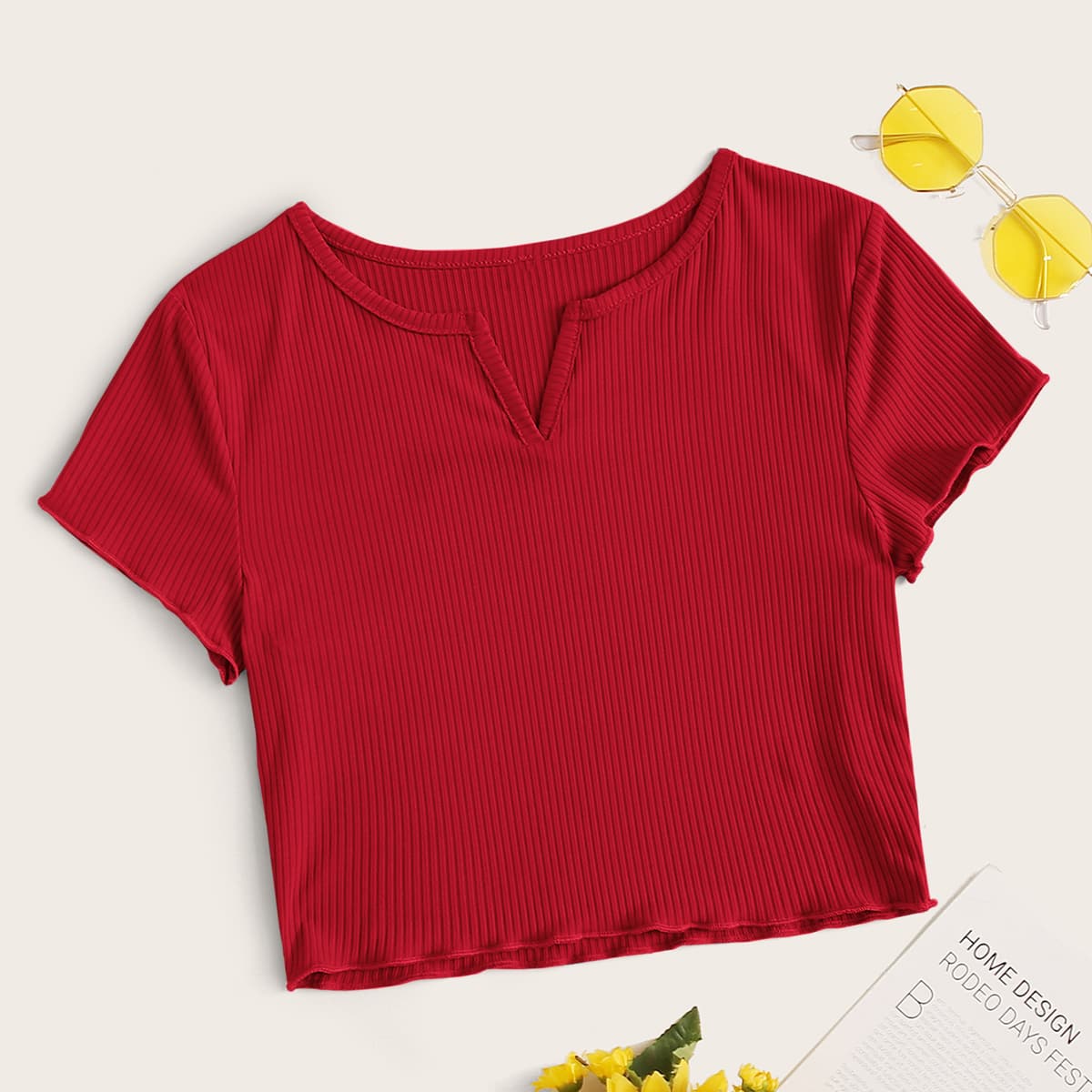 

Notch Neck Lettuce Trim Crop Top, Red