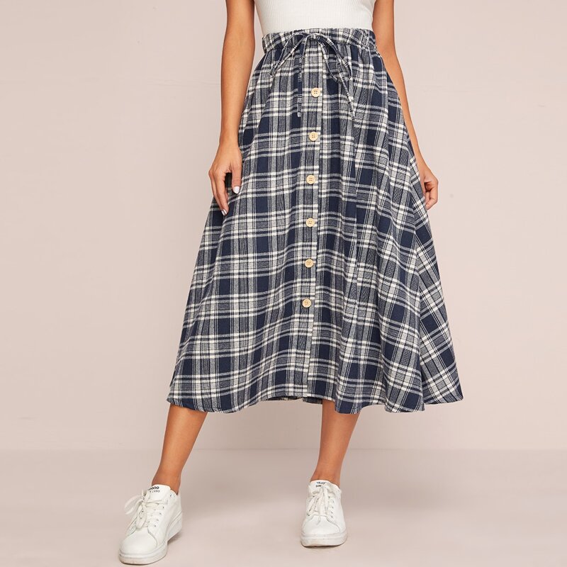 

Button Front Drawstring Waist Plaid Skirt, Navy