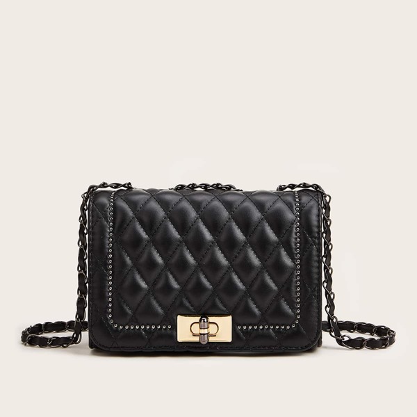 

Twist Lock Quilted Chain Bag, Black