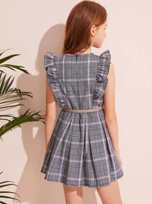 SHEIN Girls Double Breasted Ruffle Trim Plaid Belted Dress - Multicolor - View 2