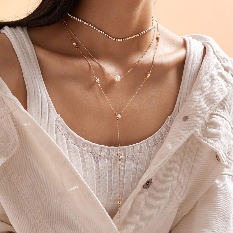 

3pcs Rhinestone & Faux Pearl Decor Lariat Necklace, Gold