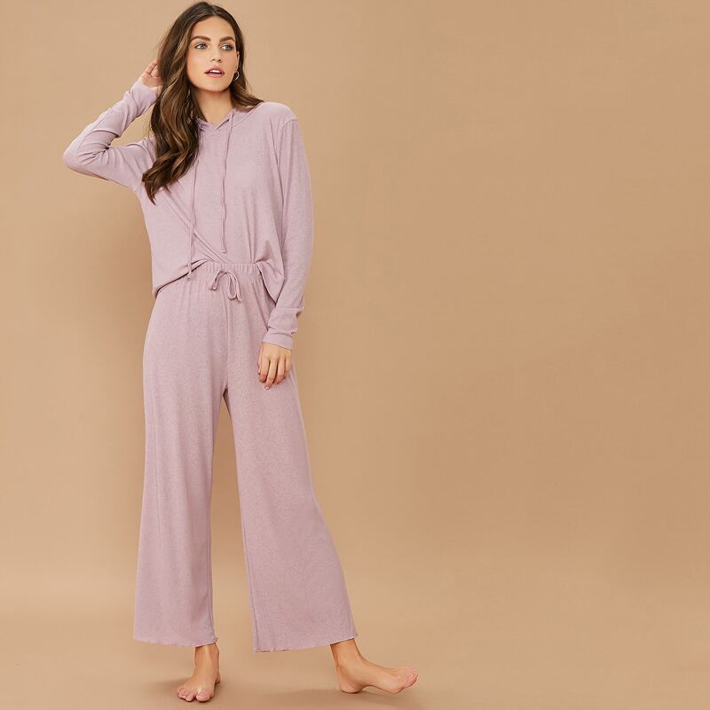 

Solid Drawstring Hooded PJ Set, Pink