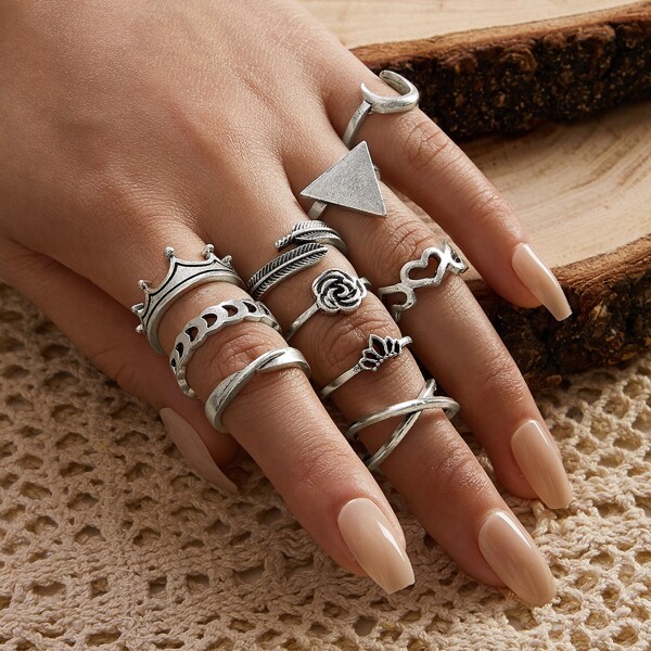 

10pcs Moon & Geometric Decor Ring, Silver