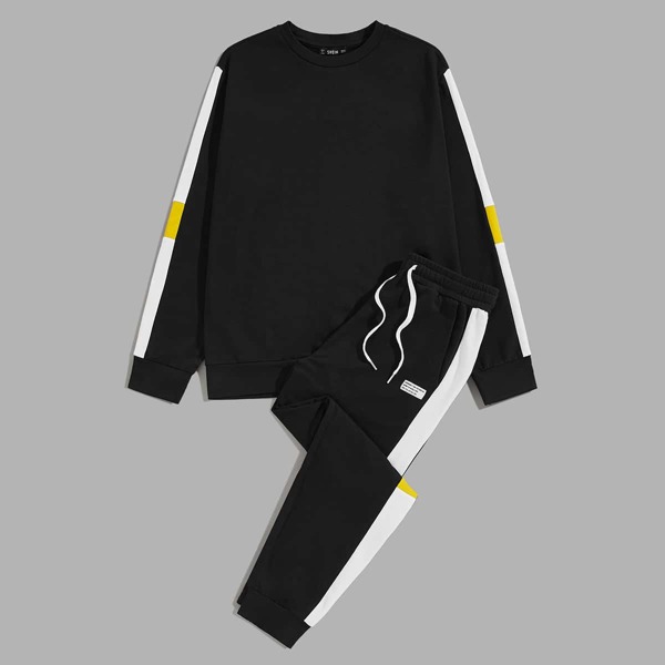 

Men Contrast Sideseam Pullover and Patched Detail Joggers Set, Black