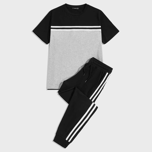 

Men Colorblock Striped Tape Top & Sweatpants Set, Multicolor