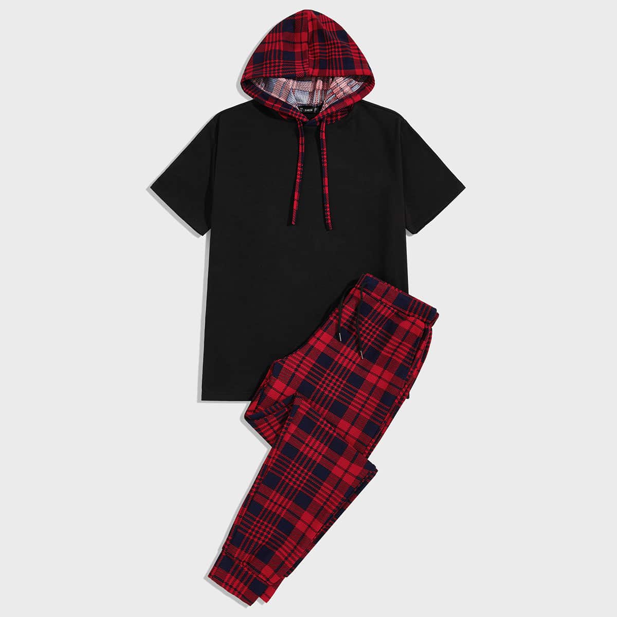

Guys Drawstring Hooded Tee & Plaid Pants Set, Multicolor