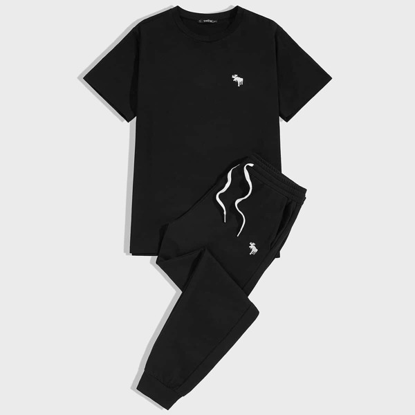 

Men Embroidered Detail Tee and Drawstring Waist Joggers Set, Black