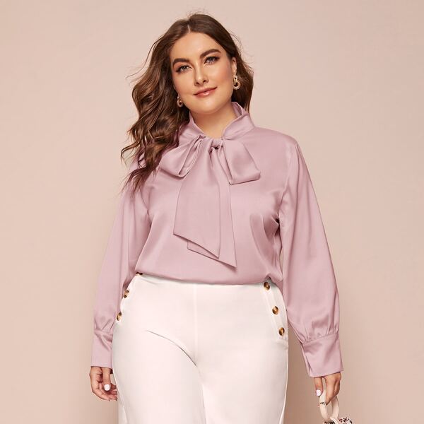 

Plus Solid Tie Neck Blouse, Pink pastel