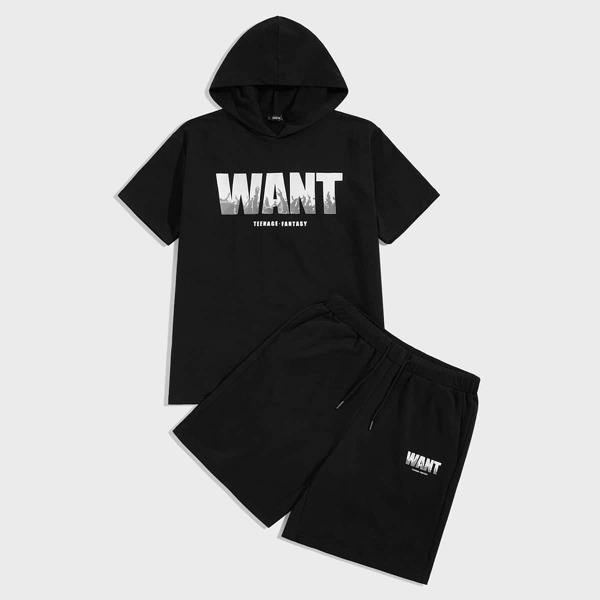 

Men Slogan Graphic Hoodie & Drawstring Track Shorts Set, Black