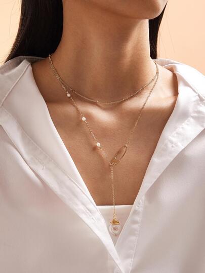 1pc Faux Pearl Pendant Layered Necklace