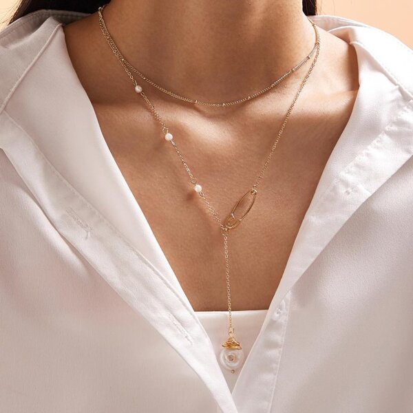 

1pc Faux Pearl Pendant Layered Necklace, Gold