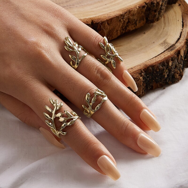 

4pcs Leaf Design Ring Set, Gold