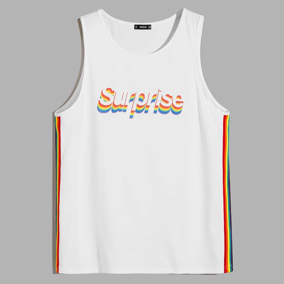 

Guys Rainbow Striped Tape Letter Graphic Tank Top, White