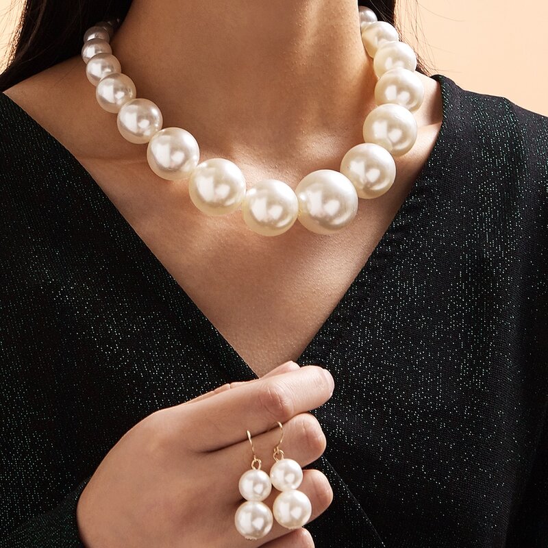 

3pcs Faux Pearl Beaded Necklace & Earrings, Gold
