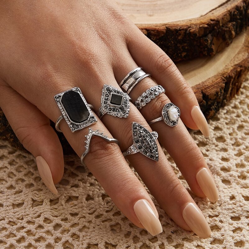 

7pcs Rhinestone Engraved Ring, Silver