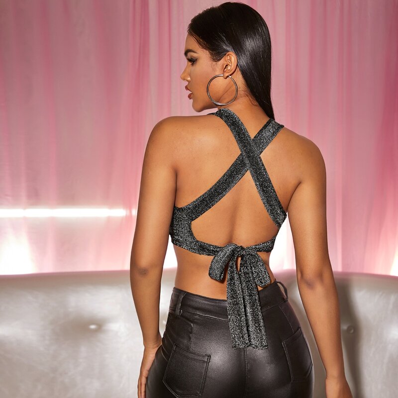 

Crisscross Tie Backless Glitter Tank Crop Top, Grey