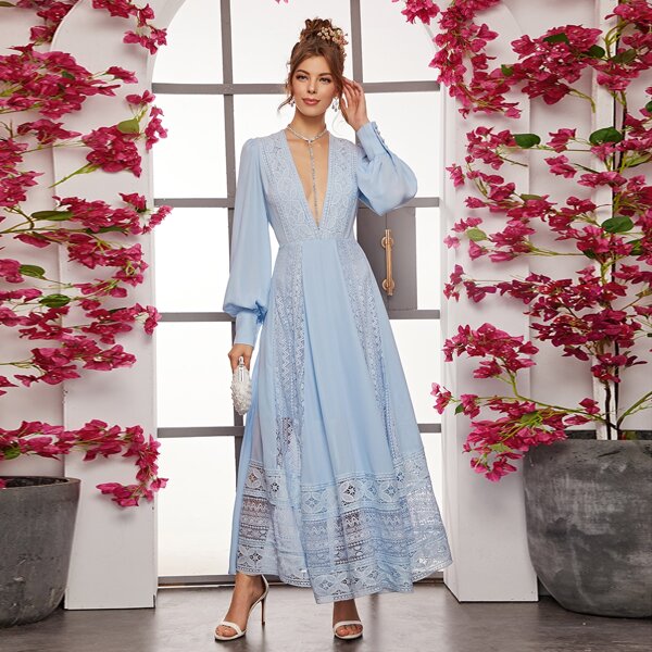 

Plunging Neck Lace Panel Dress Without Necklace, Blue pastel