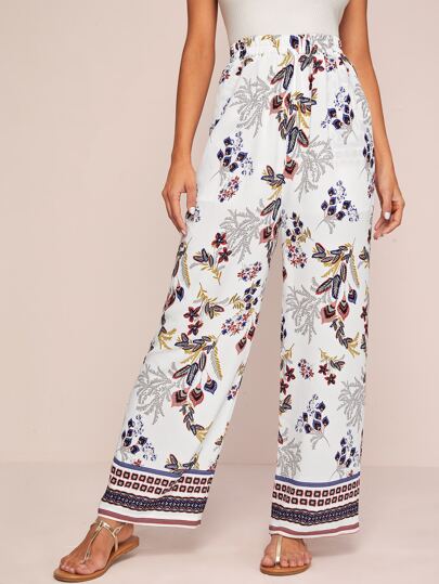 Tribal And Plants Print Wide Leg Pants