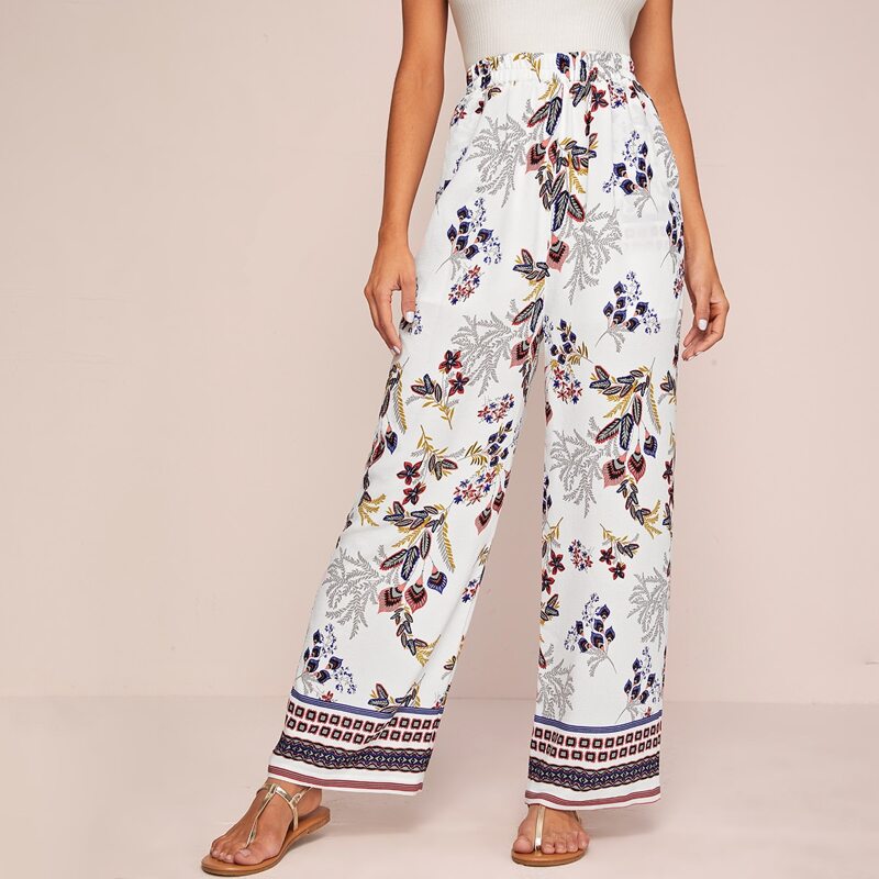 

Tribal And Plants Print Wide Leg Pants, White