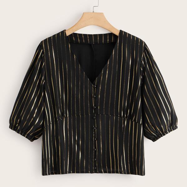 

Plus Striped V-neck Blouse, Black