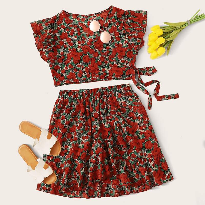 

Floral Print Tie Side Ruffle Trim Top & Skirt, Red