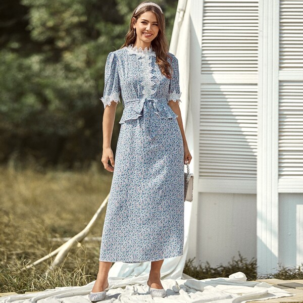 

Ditsy Floral Print Lace Trim Belted Dress, Blue