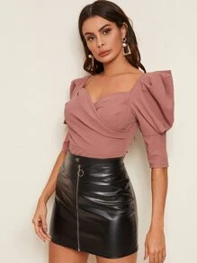 SHEIN 素色雞心領泡泡袖上衣 - 藕粉色 - 查看 3