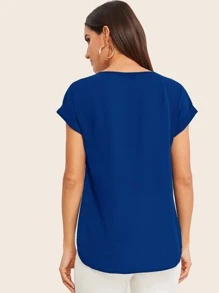 SHEIN LUNE Roll Up Sleeve High Low Hem Top - Blue - View 2
