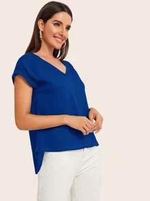 SHEIN LUNE Roll Up Sleeve High Low Hem Top - Blue - View 5