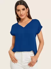SHEIN LUNE Roll Up Sleeve High Low Hem Top - Blue - View 1