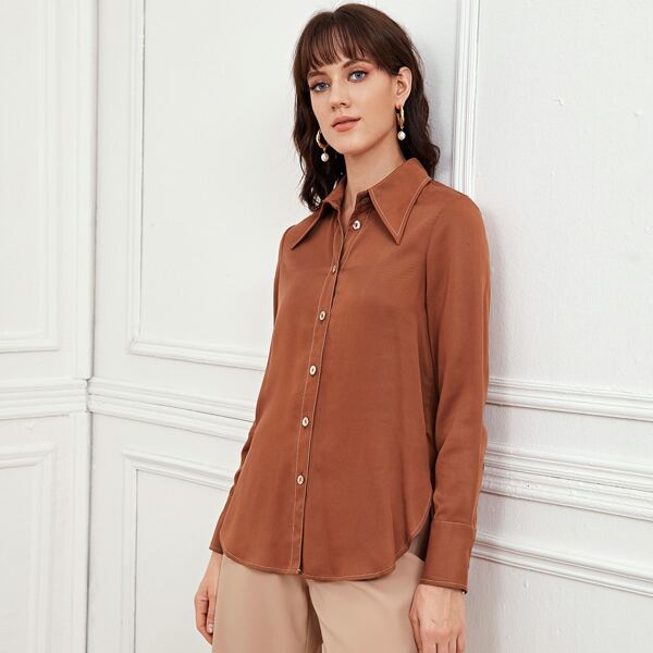 

Contrast Stitch Curved Hem Blouse, Brown