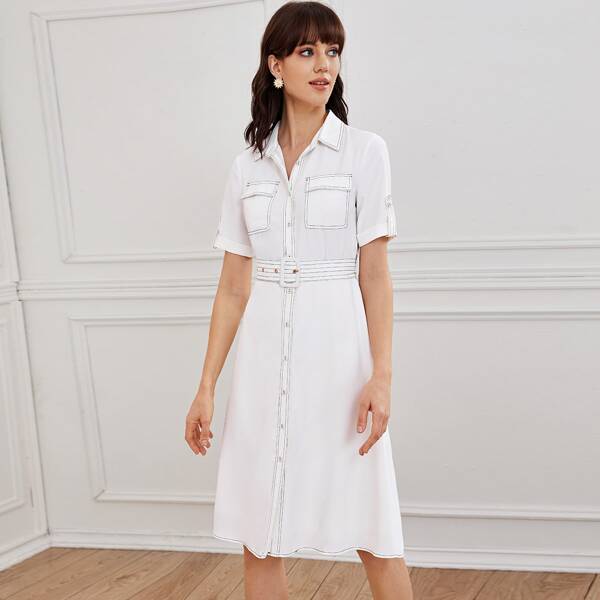 

Single Breasted Buckle Belted Contrast Stitch Shirt Dress, White