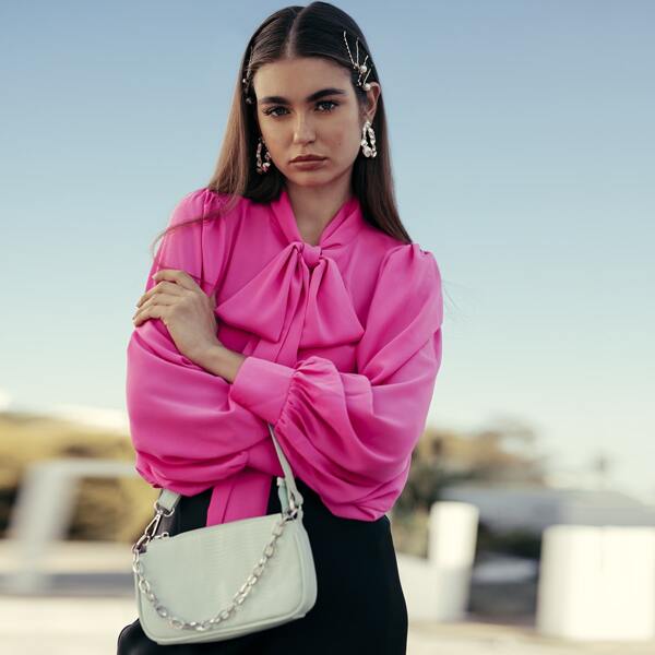 

Premium Tie Neck Lantern Sleeve Top, Pink bright
