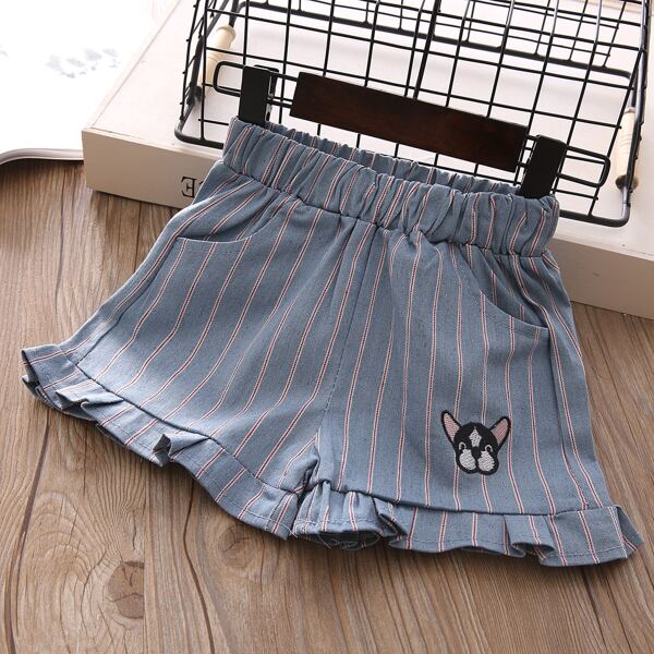 

Toddler Girls Cartoon Embroidery Striped Ruffle Shorts, Blue