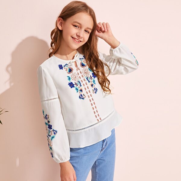 

Girls Keyhole Neck Tribal Print Top, White