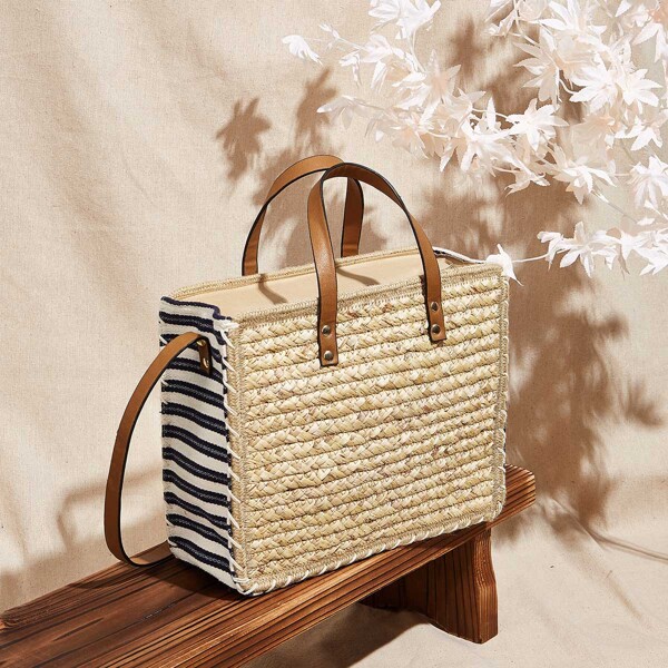 

Striped Woven Satchel Bag, Khaki