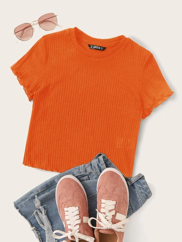 Ribbed Lettuce-Edge Cropped Tee | romwe.com