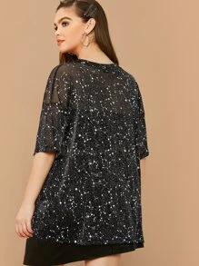 SHEIN Clasi Plus Sheer Glitter Star Mesh Longline Top - Black - View 2