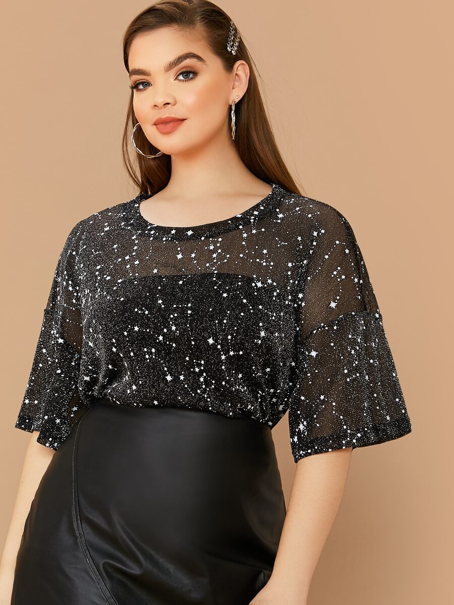 SHEIN Clasi Plus Sheer Glitter Star Mesh Longline Top - Black - View 1