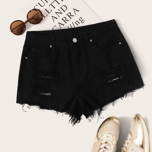 

Plus Ripped Raw Hem Denim Shorts, Black